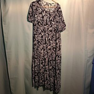 Vintage Black Floral Midi Dress – Short Sleeve Casual A-Line